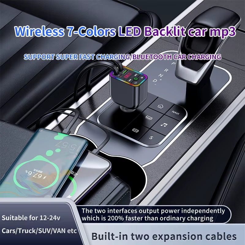 Y3 Car Bluetooth MP3 Transmitter - 4-In-1 Fast Charge Retractable Cable Car Charger, Portable Multimedia Player