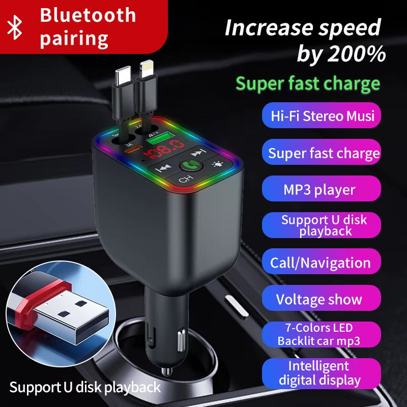 Y3 Car Bluetooth MP3 Transmitter - 4-In-1 Fast Charge Retractable Cable Car Charger, Portable Multimedia Player
