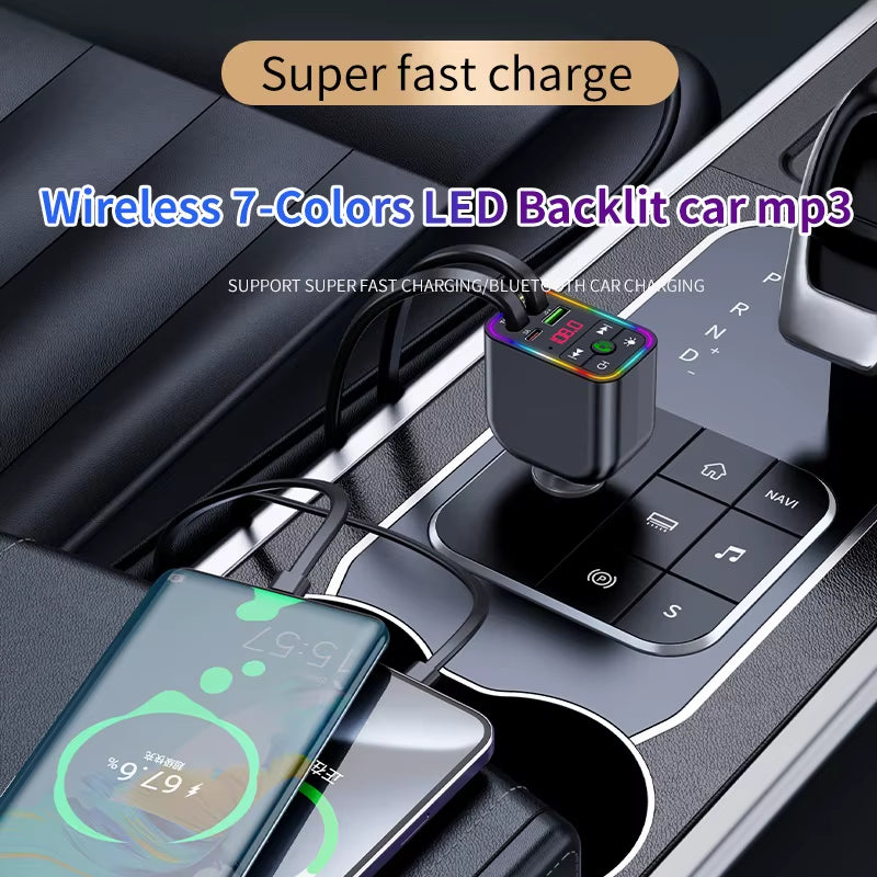 Y3 Car Bluetooth MP3 Transmitter - 4-In-1 Fast Charge Retractable Cable Car Charger, Portable Multimedia Player